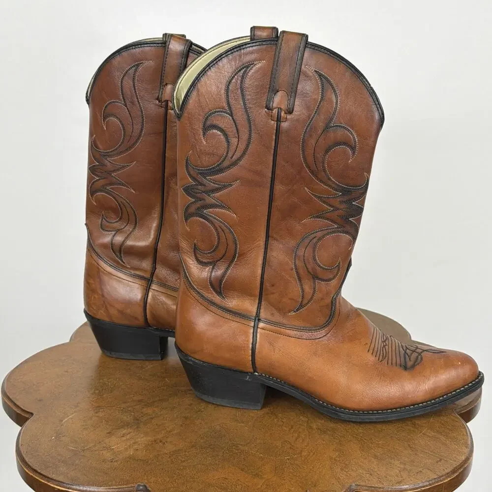 Vintage 80s Acme Brown Western Cowboy Boots Men 10E Black Stitching